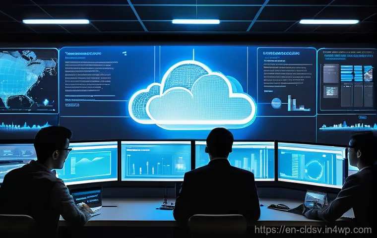 클라우드 네이티브 환경에서의 장애 복구 전략 - **Prompt:** A high-tech, dimly lit command center. A massive central screen displays intricate netwo...
