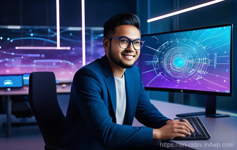 클라우드 네이티브 개발의 커리큘럼 및 학습 경로 - **Prompt:** A young, diverse developer, dressed in smart casual attire, sits at a modern, minimalist...