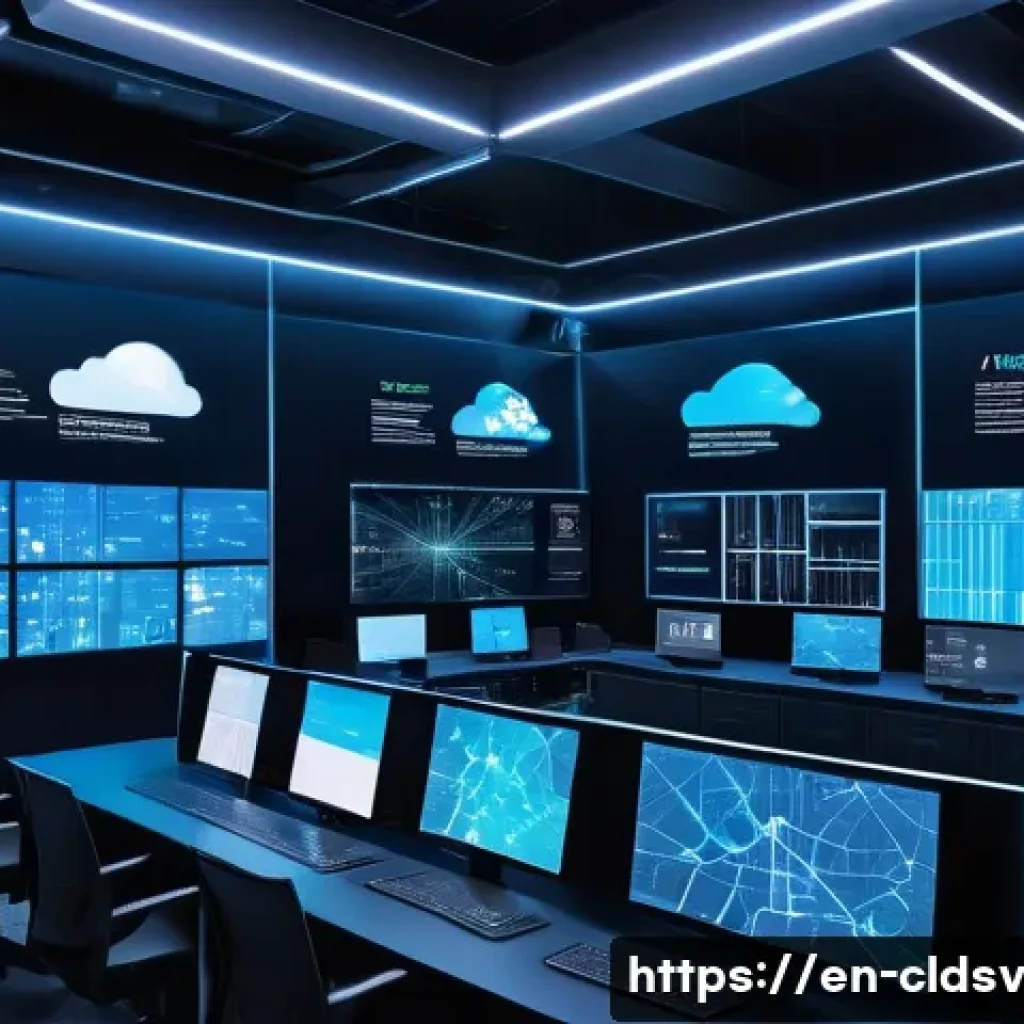 클라우드 네이티브 애플리케이션의 멀티 클라우드 전략 - A futuristic multi-cloud architecture control room with diverse digital screens displaying real-time...