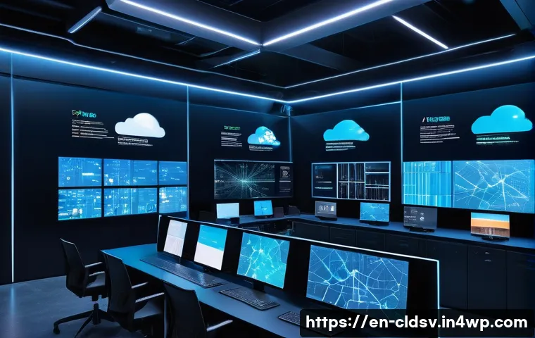 클라우드 네이티브 애플리케이션의 멀티 클라우드 전략 - A futuristic multi-cloud architecture control room with diverse digital screens displaying real-time...