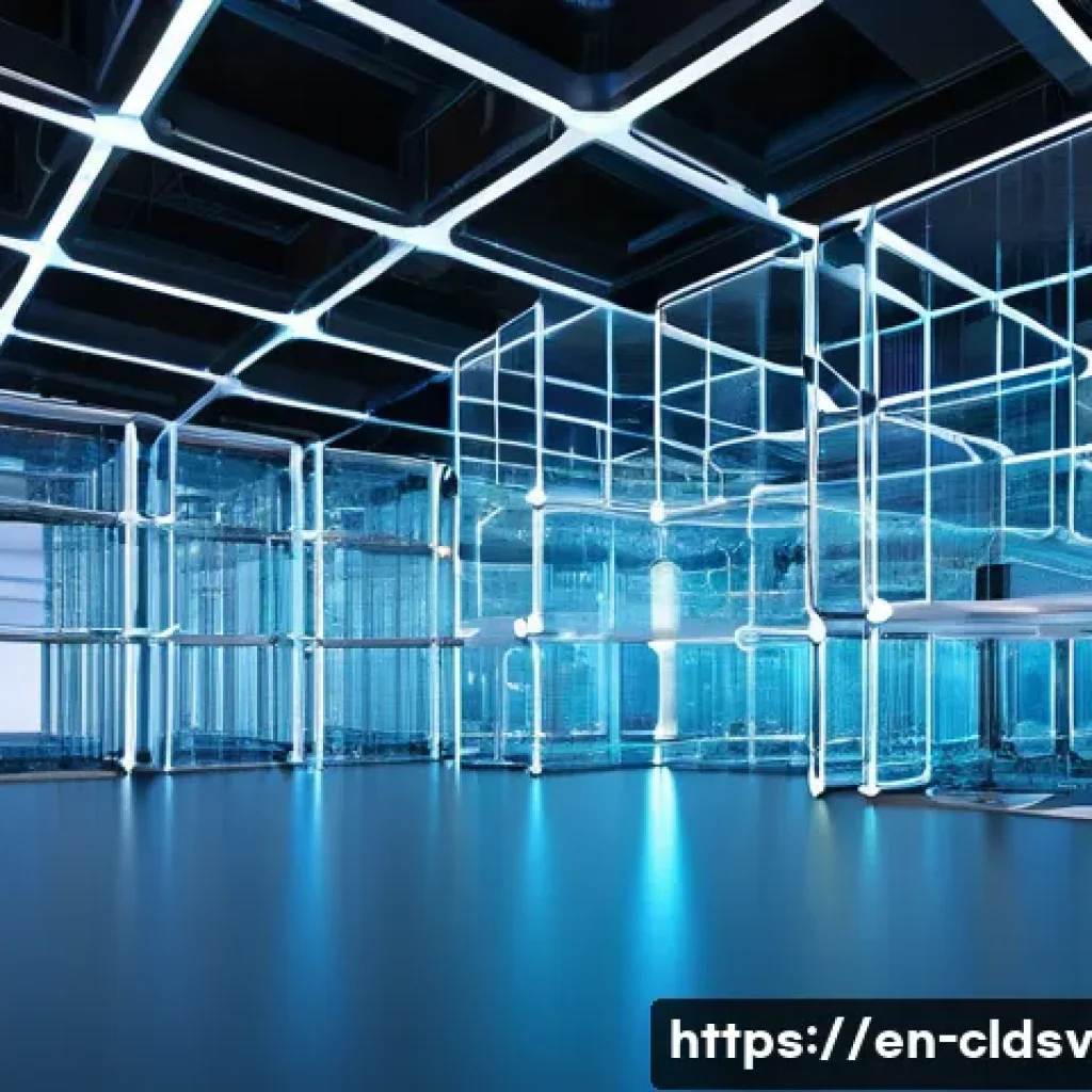 클라우드 네이티브 개발과 블록체인 기술의 융합 - A futuristic cloud-native data center with multiple modular microservices represented as glowing, in...