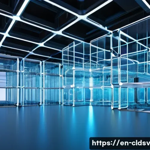 Home 32 클라우드 네이티브 개발과 블록체인 기술의 융합 - A futuristic cloud-native data center with multiple modular microservices represented as glowing, in...