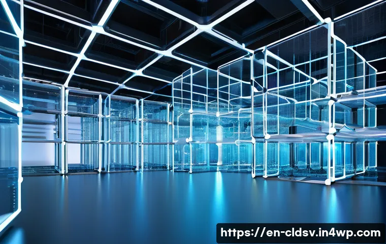 클라우드 네이티브 개발과 블록체인 기술의 융합 - A futuristic cloud-native data center with multiple modular microservices represented as glowing, in...