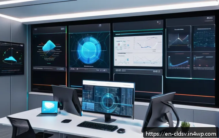 클라우드 네이티브 애플리케이션 성능 최적화 - A futuristic cloud native application control room, featuring large transparent digital screens disp...