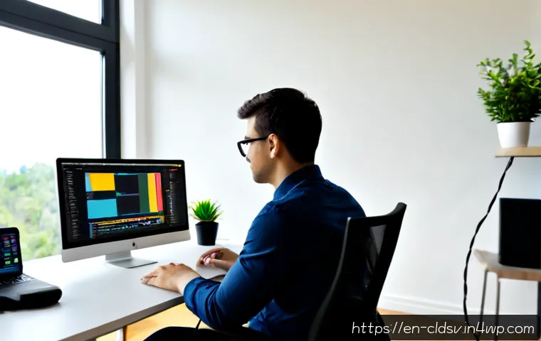 Home 17 클라우드 네이티브 개발자의 작업 환경 - Photorealistic cloud-native software developer workspace in a bright modern home office, focused adu...